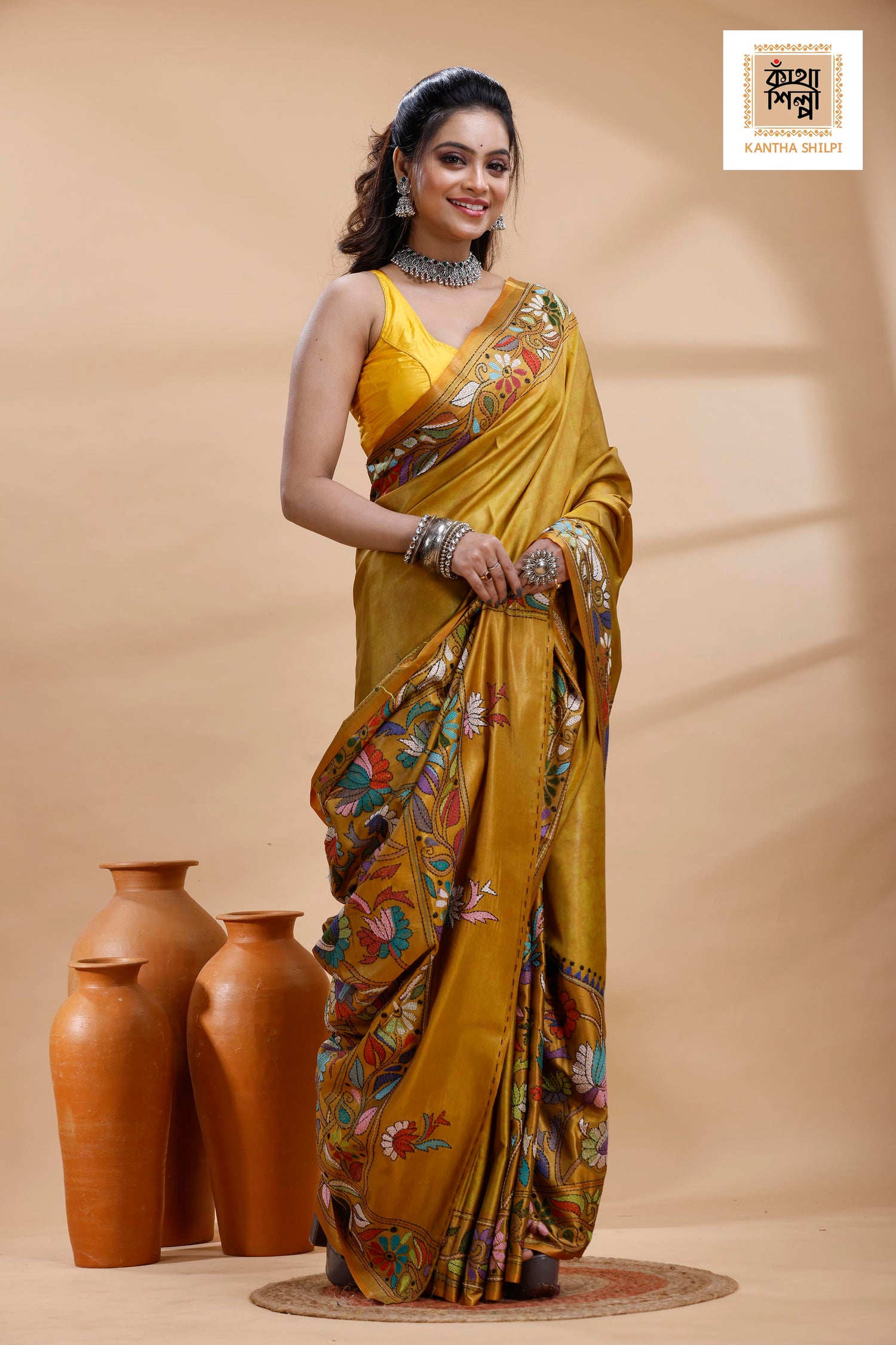 Yellow Color Bangalore Silk Multicolor Thread Work Batik Kantha Stitch Saree