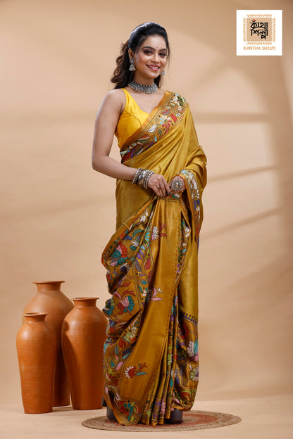 Yellow Color Bangalore Silk Multicolor Thread Work Batik Kantha Stitch Saree