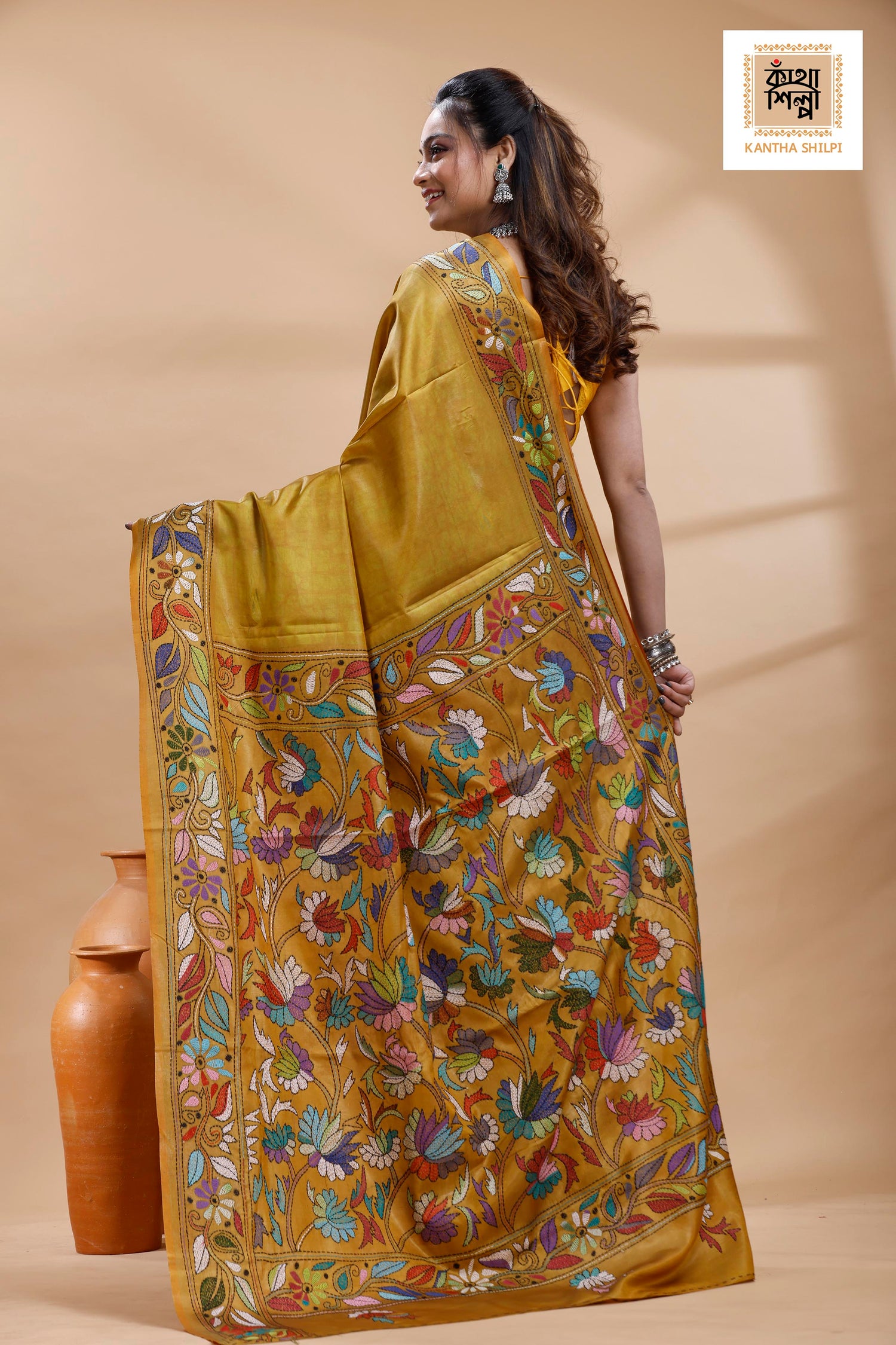 Yellow Color Bangalore Silk Multicolor Thread Work Batik Kantha Stitch Saree