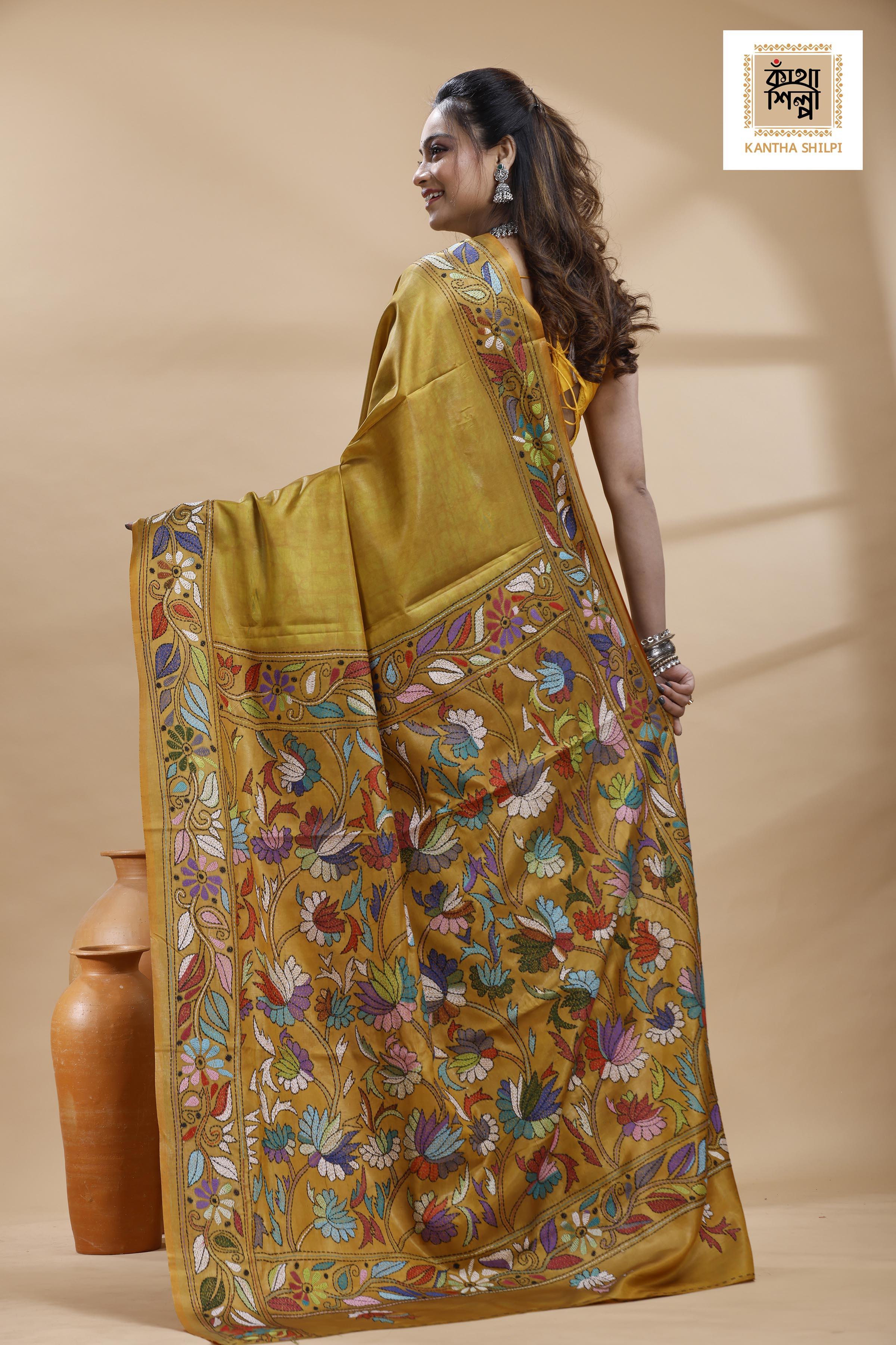Yellow Color Bangalore Silk Multicolor Thread Work Batik Kantha Stitch Saree