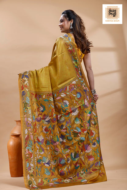 Yellow Color Bangalore Silk Multicolor Thread Work Batik Kantha Stitch Saree