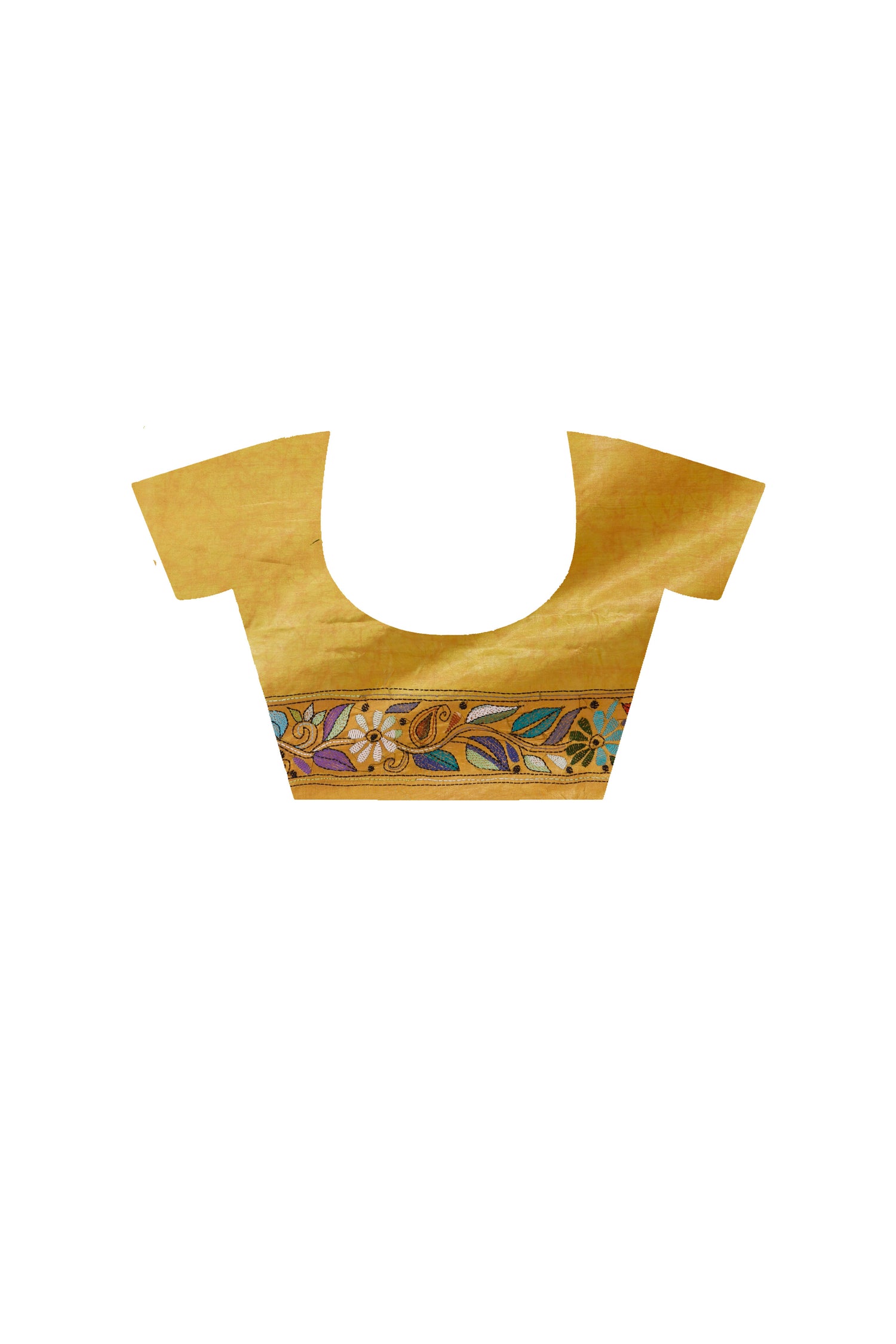 Yellow Color Bangalore Silk Multicolor Thread Work Batik Kantha Stitch Saree