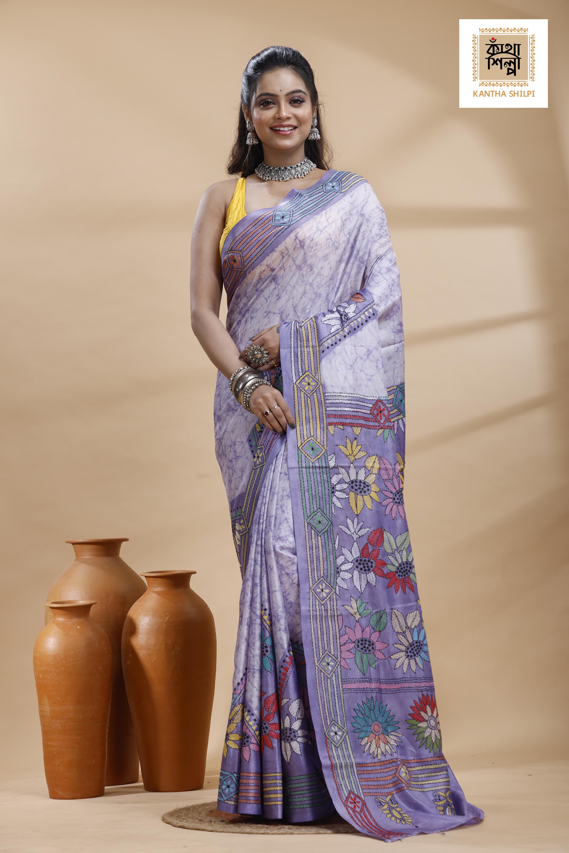 Grayish Blue Color Bangalore Silk Multicolor Thread Work Batik Kantha Stitch Saree
