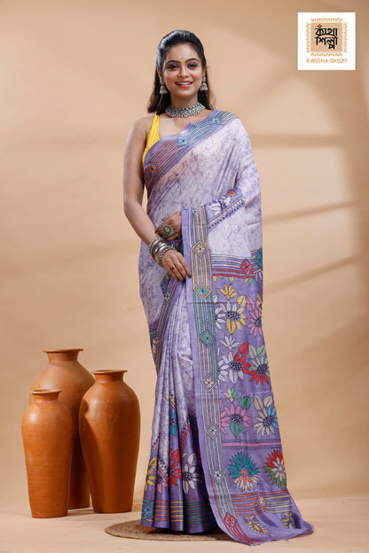 Grayish Blue Color Bangalore Silk Multicolor Thread Work Batik Kantha Stitch Saree
