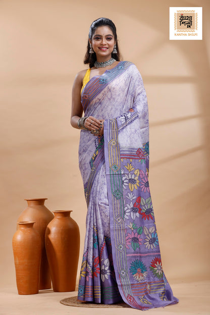 Grayish Blue Color Bangalore Silk Multicolor Thread Work Batik Kantha Stitch Saree