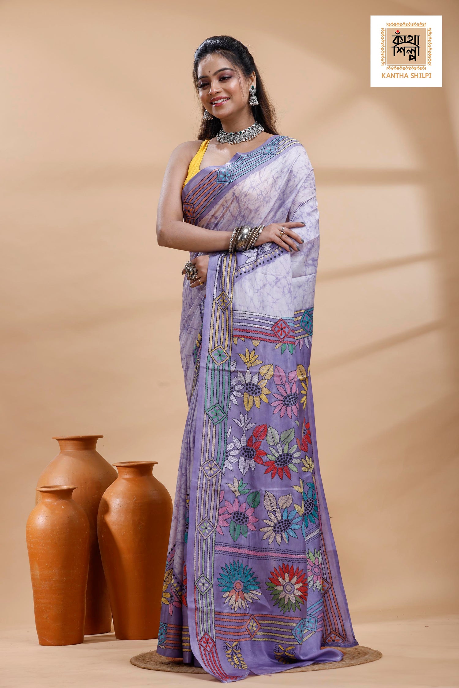 Grayish Blue Color Bangalore Silk Multicolor Thread Work Batik Kantha Stitch Saree