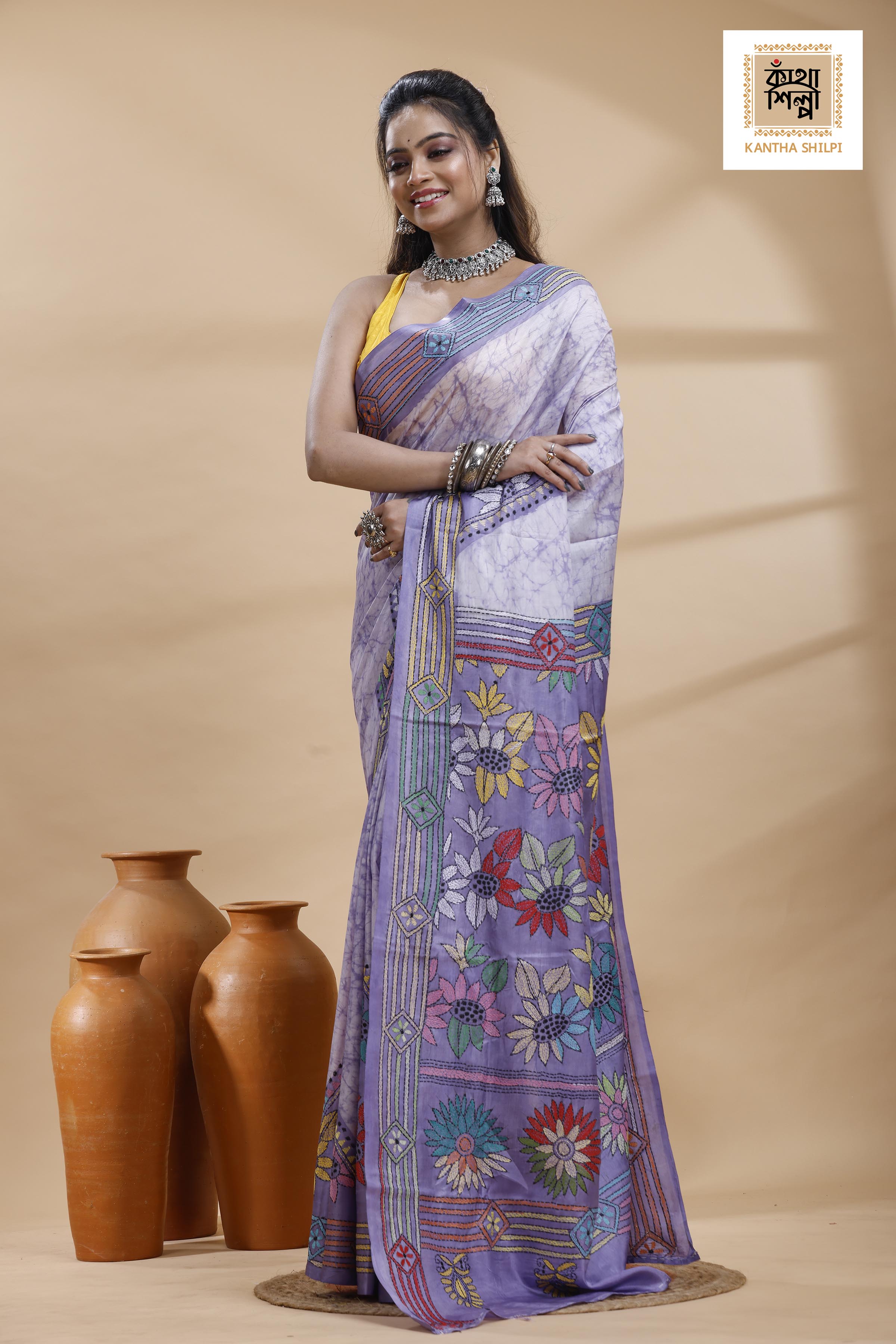 Grayish Blue Color Bangalore Silk Multicolor Thread Work Batik Kantha Stitch Saree