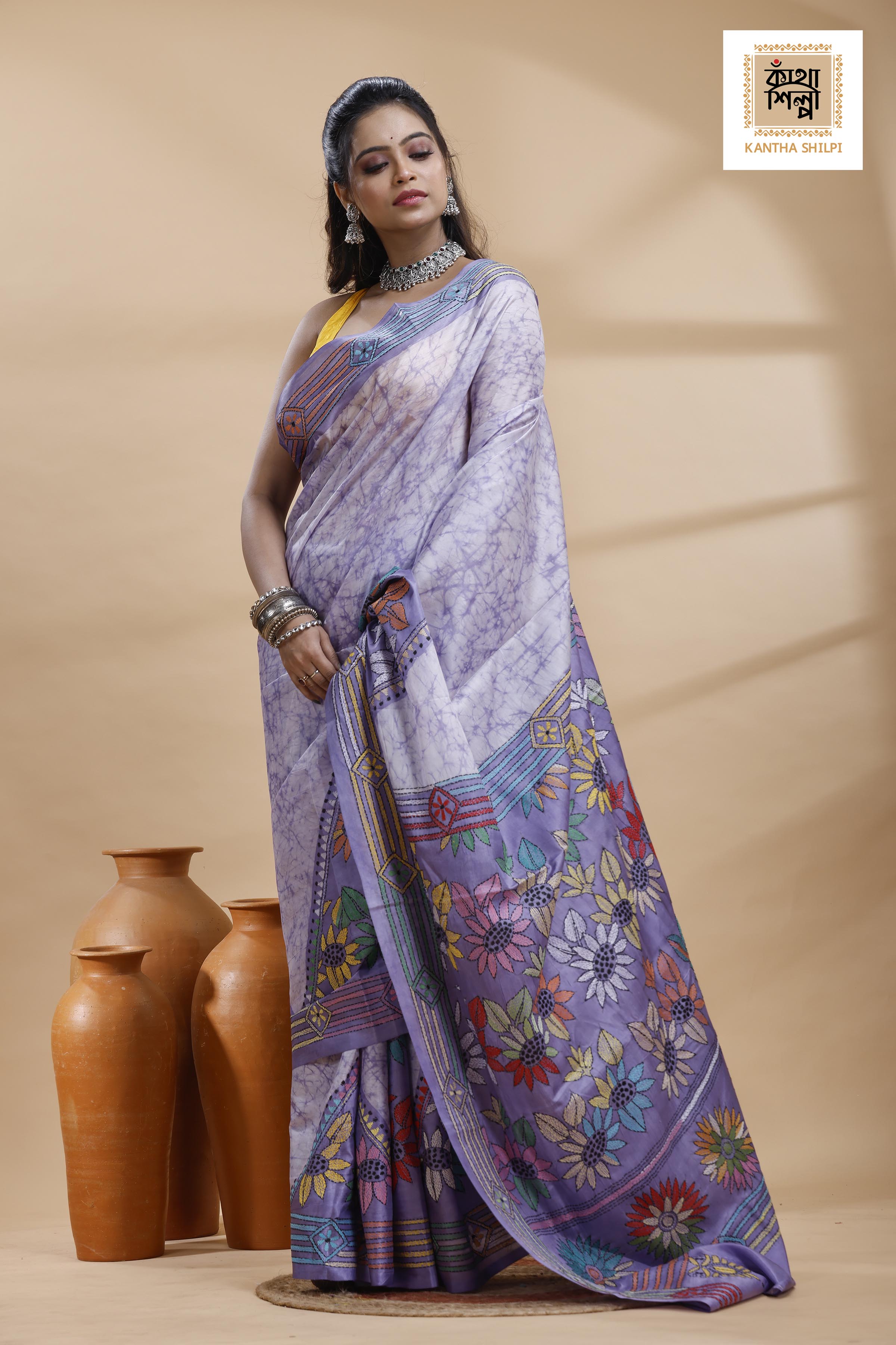 Grayish Blue Color Bangalore Silk Multicolor Thread Work Batik Kantha Stitch Saree