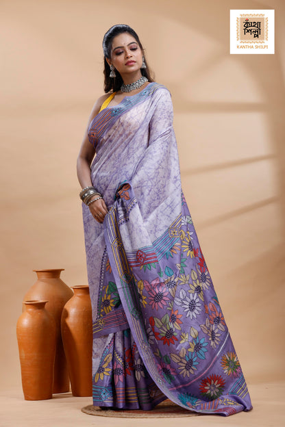 Grayish Blue Color Bangalore Silk Multicolor Thread Work Batik Kantha Stitch Saree
