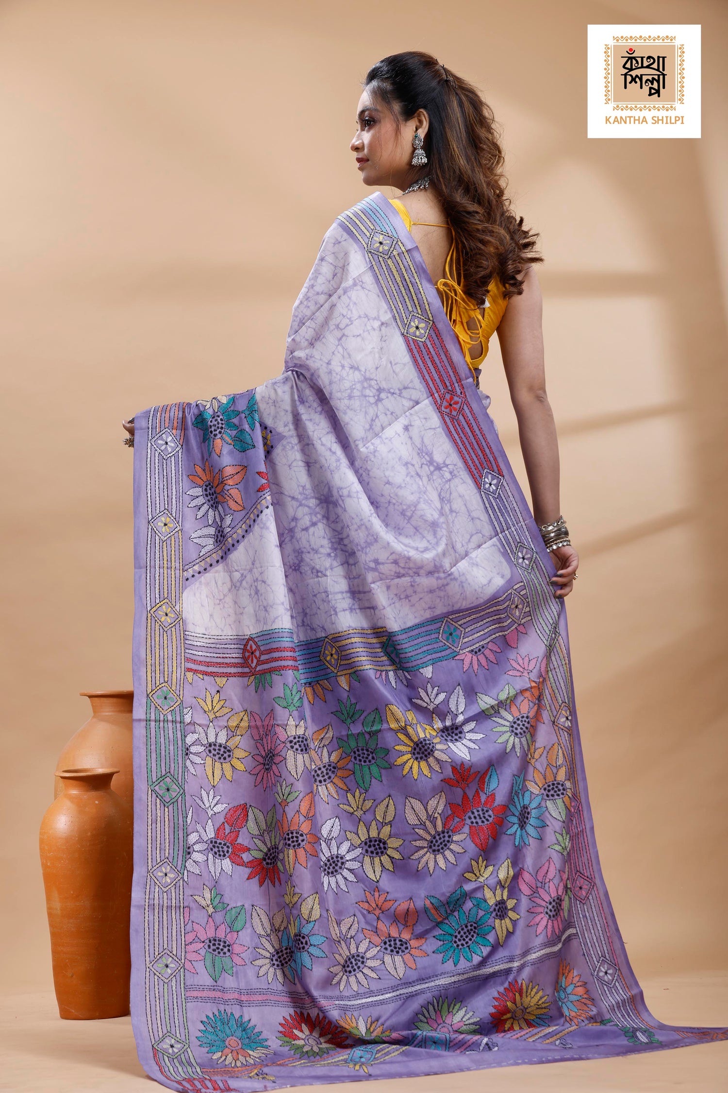 Grayish Blue Color Bangalore Silk Multicolor Thread Work Batik Kantha Stitch Saree