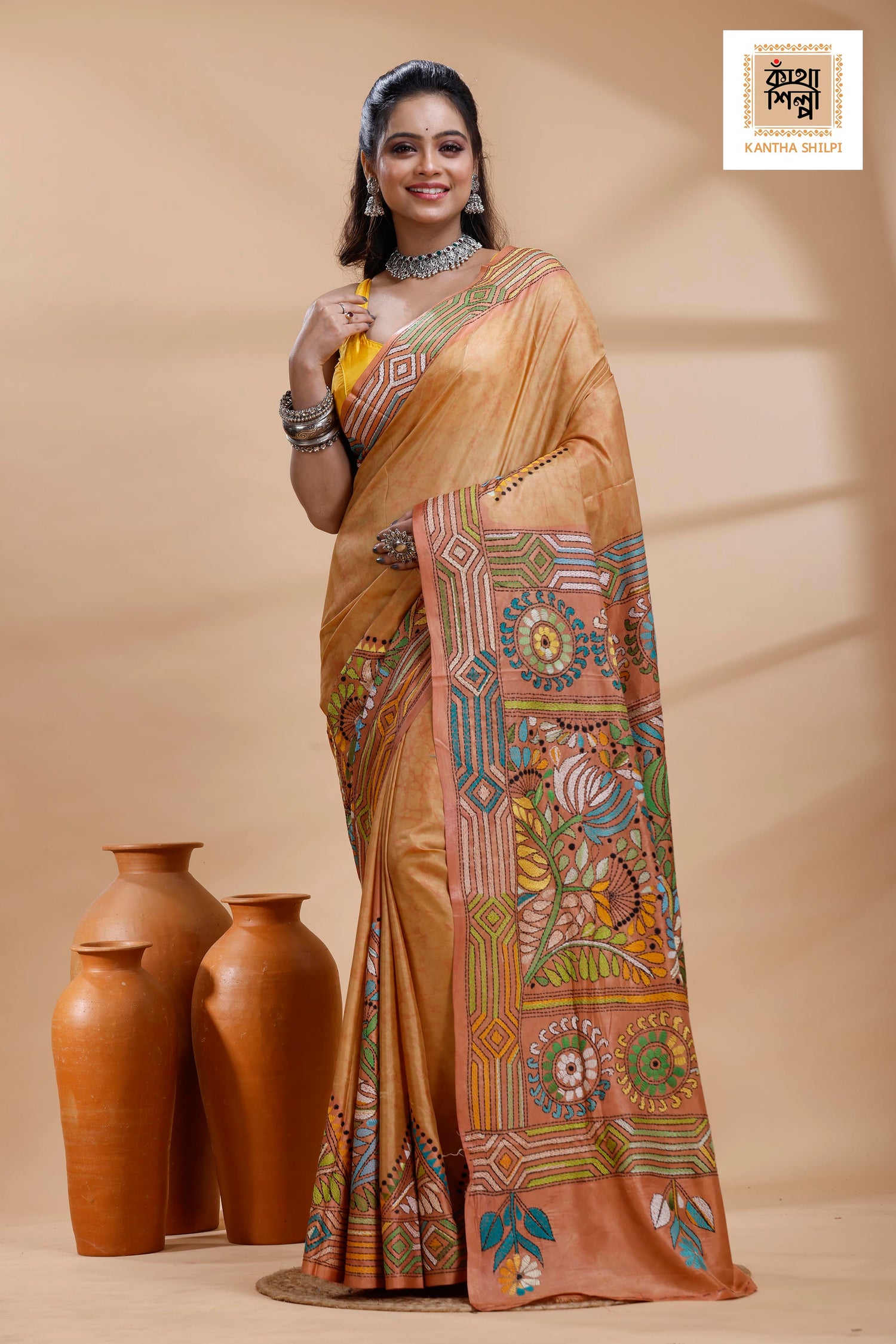 Rust Color Bangalore Silk Multicolor Thread Work Batik Kantha Stitch Saree