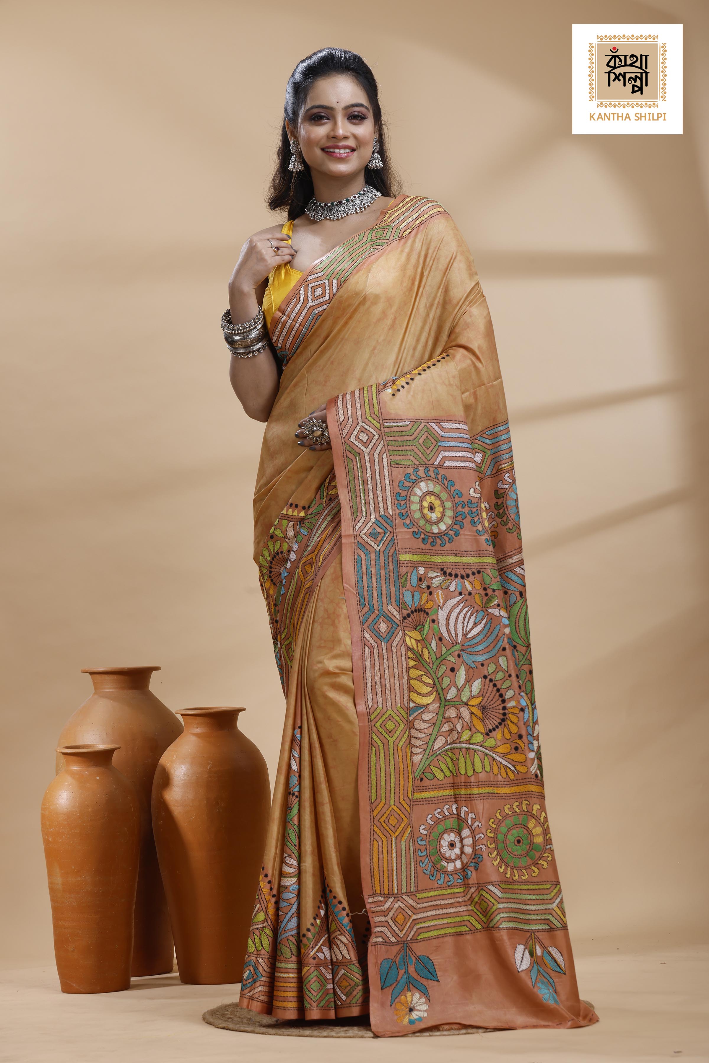 Rust Color Bangalore Silk Multicolor Thread Work Batik Kantha Stitch Saree