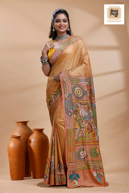 Rust Color Bangalore Silk Multicolor Thread Work Batik Kantha Stitch Saree