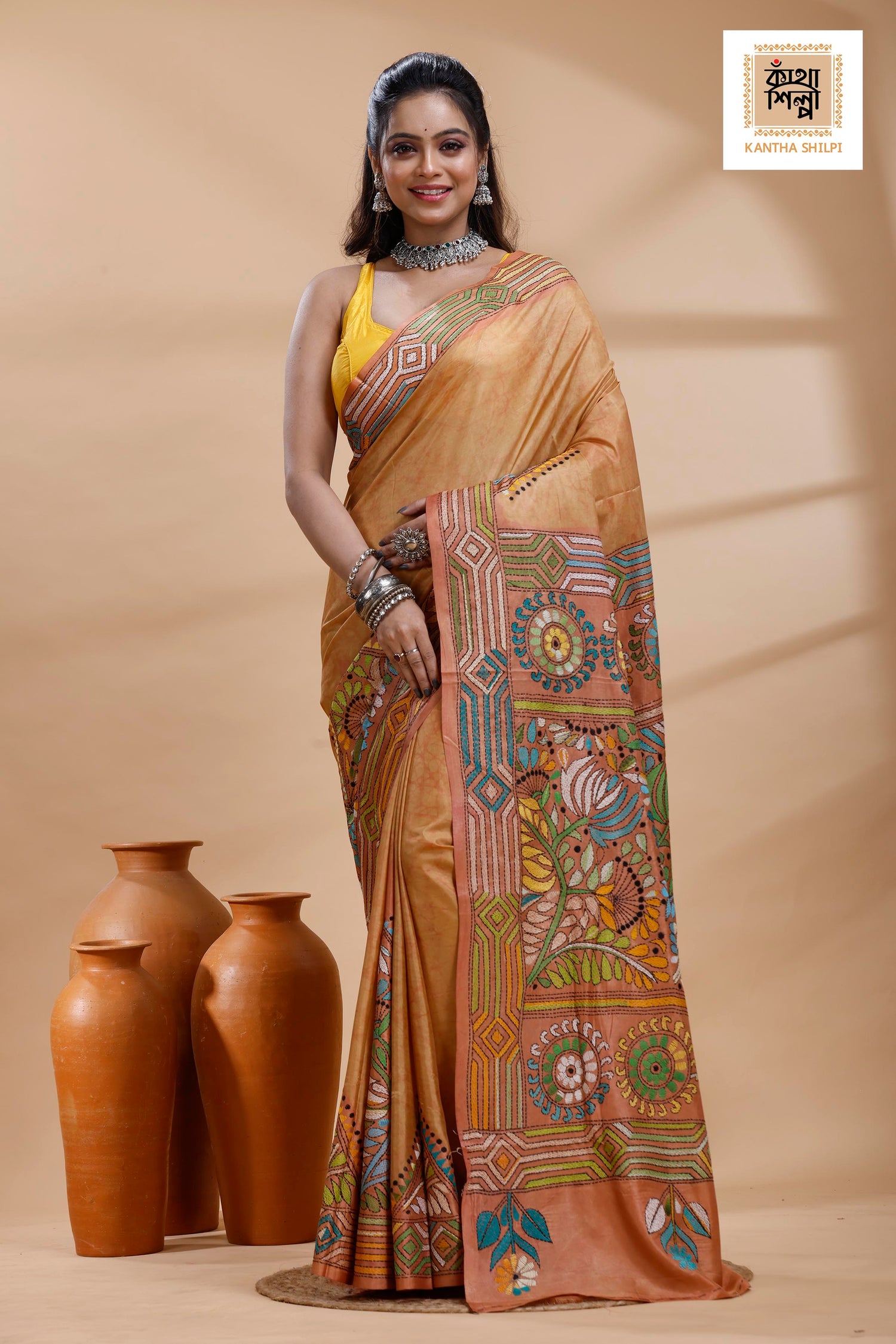 Rust Color Bangalore Silk Multicolor Thread Work Batik Kantha Stitch Saree