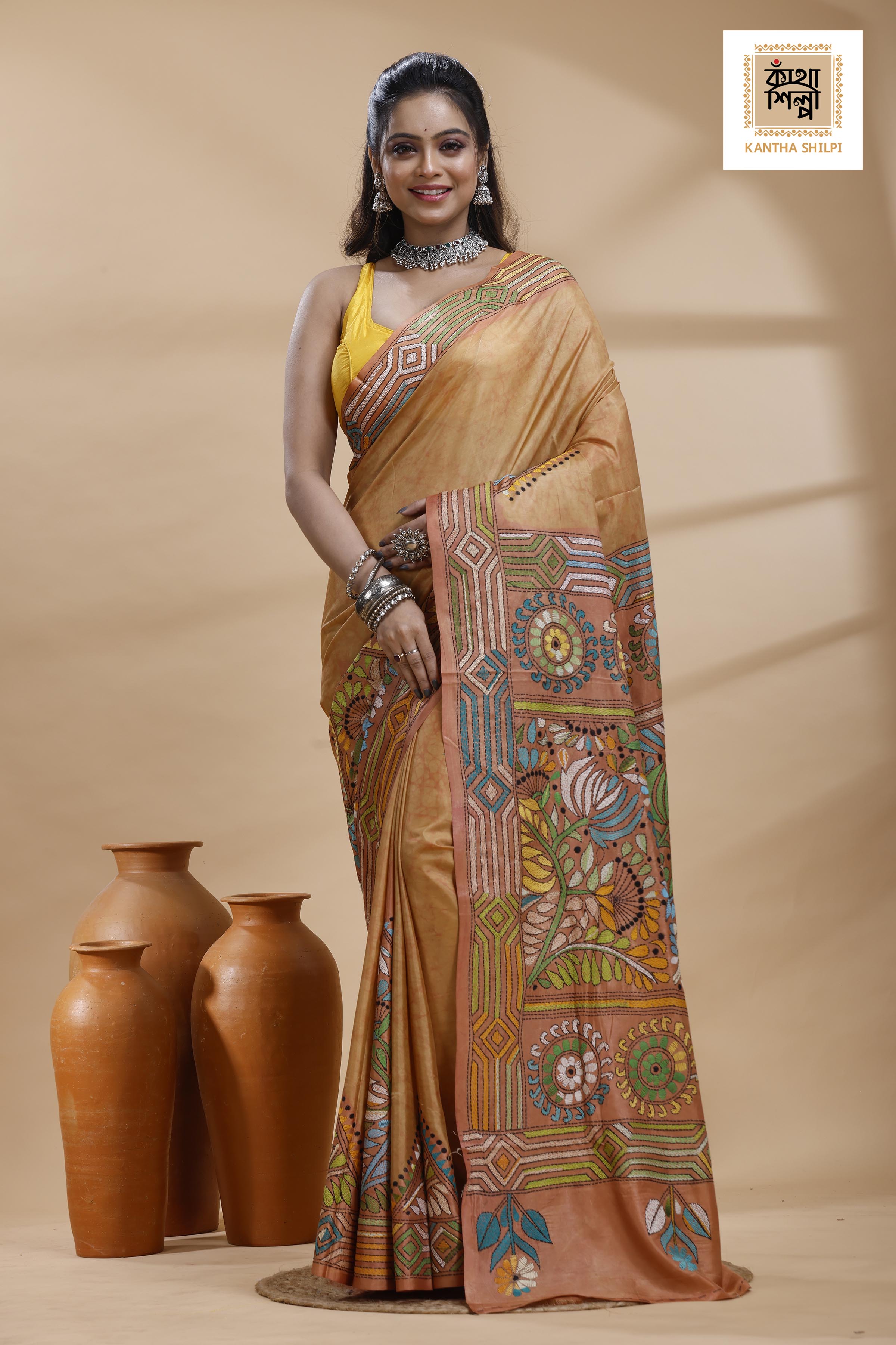 Rust Color Bangalore Silk Multicolor Thread Work Batik Kantha Stitch Saree