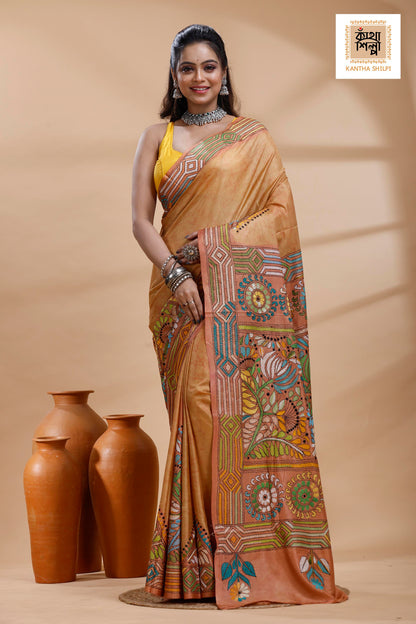 Rust Color Bangalore Silk Multicolor Thread Work Batik Kantha Stitch Saree