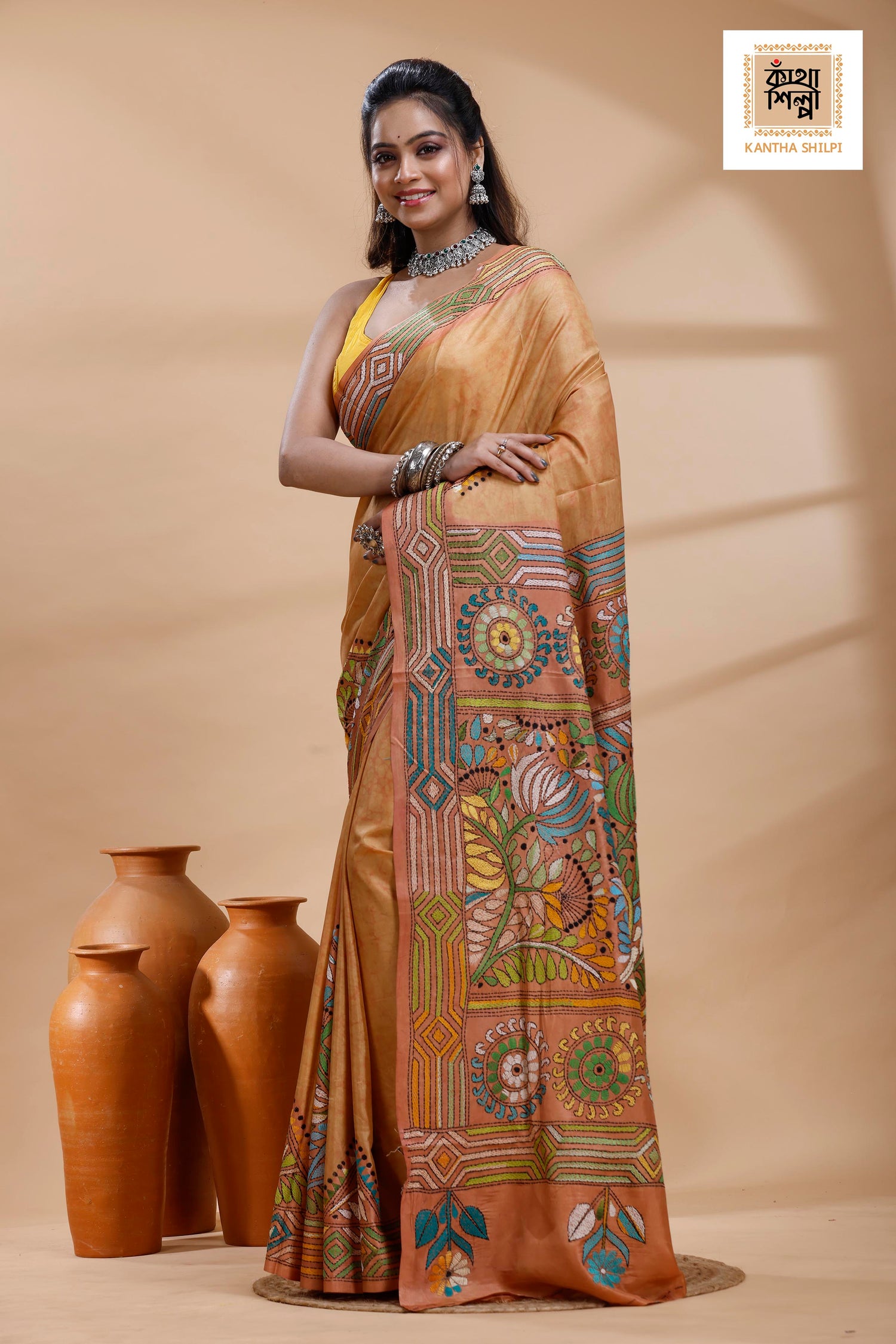 Rust Color Bangalore Silk Multicolor Thread Work Batik Kantha Stitch Saree