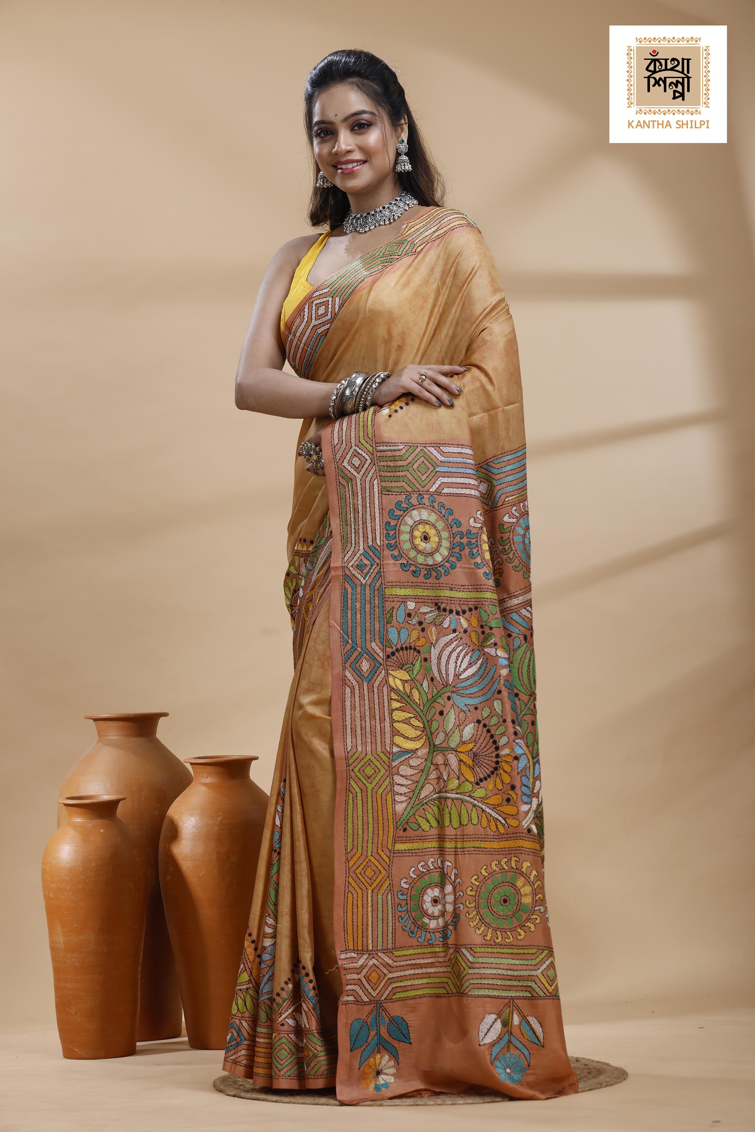 Rust Color Bangalore Silk Multicolor Thread Work Batik Kantha Stitch Saree