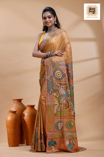 Rust Color Bangalore Silk Multicolor Thread Work Batik Kantha Stitch Saree