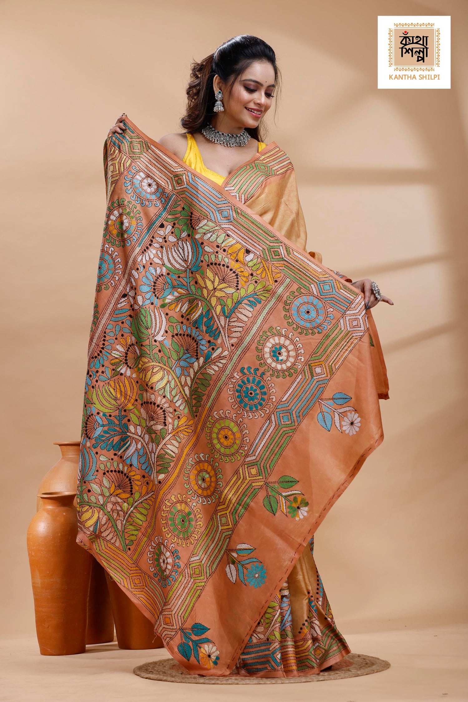 Rust Color Bangalore Silk Multicolor Thread Work Batik Kantha Stitch Saree