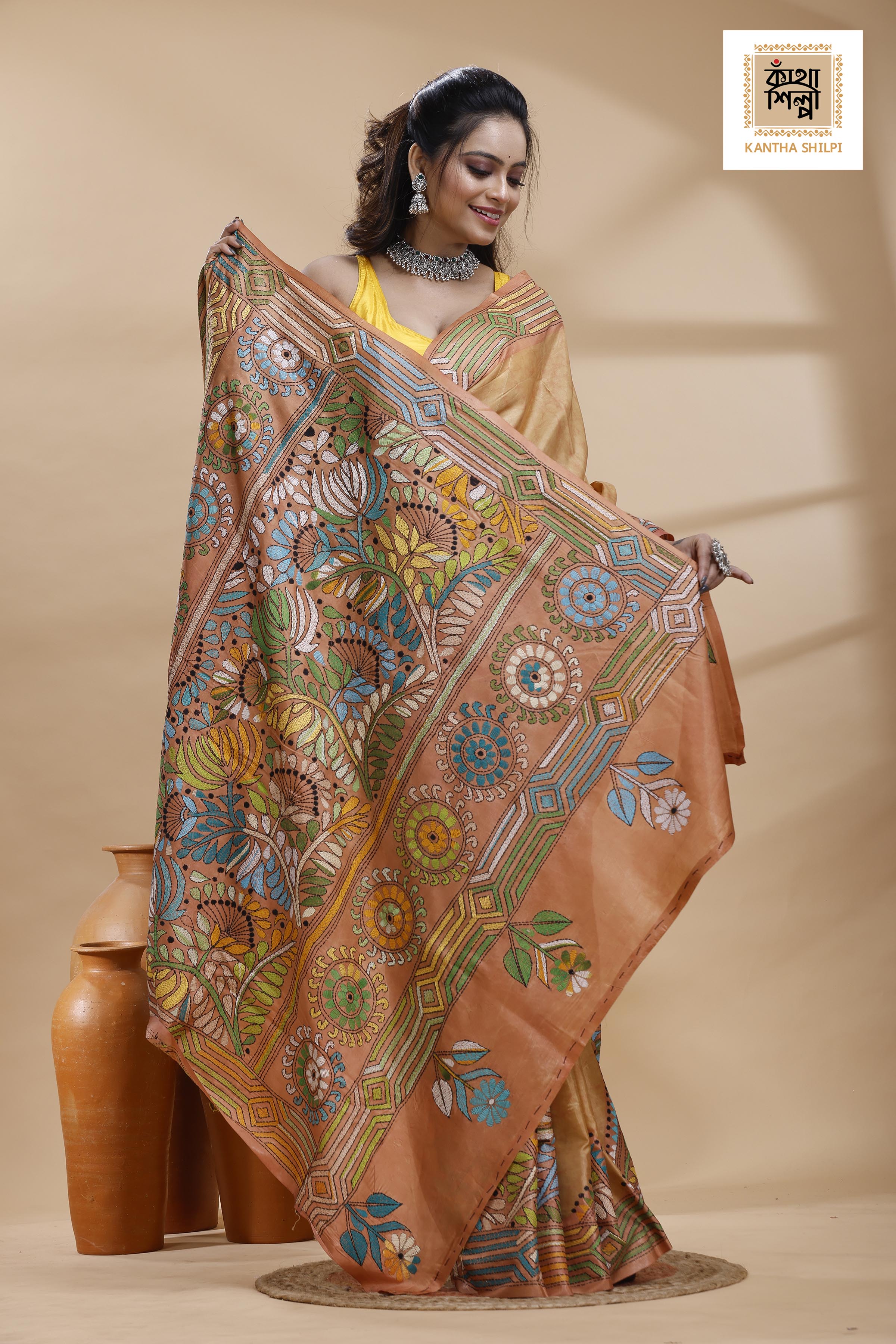 Rust Color Bangalore Silk Multicolor Thread Work Batik Kantha Stitch Saree