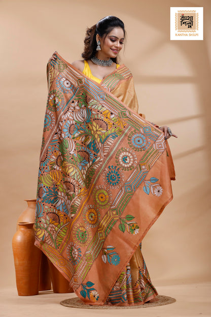 Rust Color Bangalore Silk Multicolor Thread Work Batik Kantha Stitch Saree