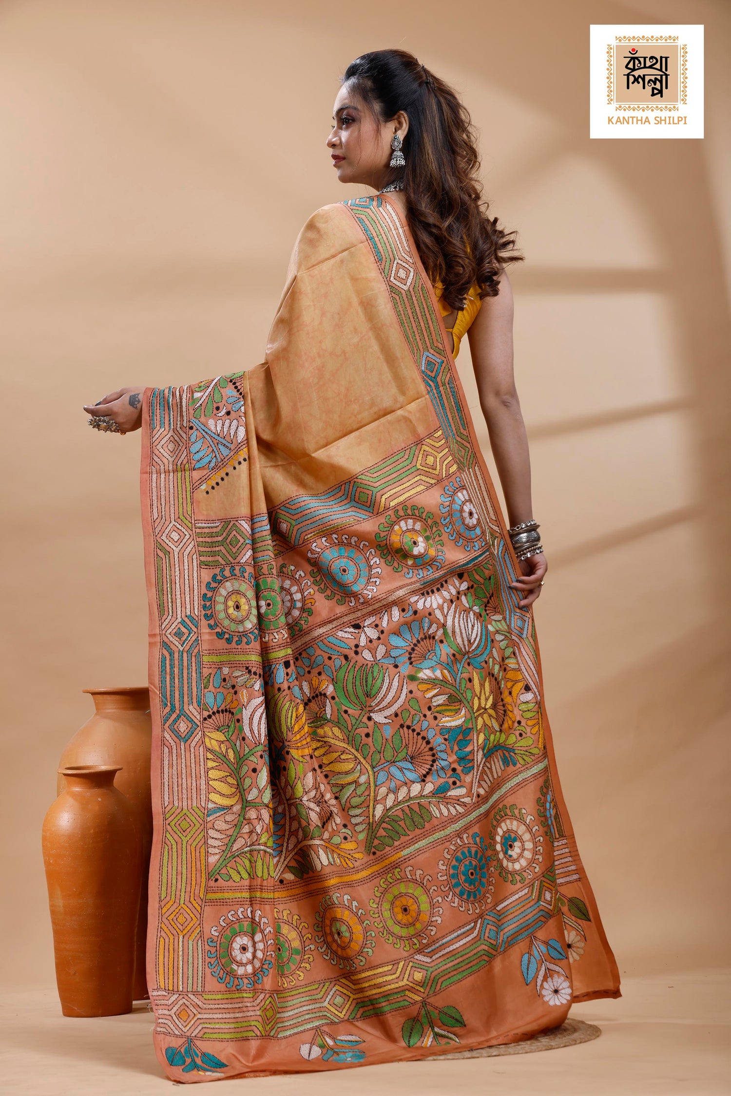 Rust Color Bangalore Silk Multicolor Thread Work Batik Kantha Stitch Saree