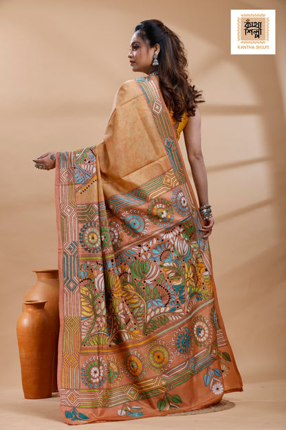Rust Color Bangalore Silk Multicolor Thread Work Batik Kantha Stitch Saree