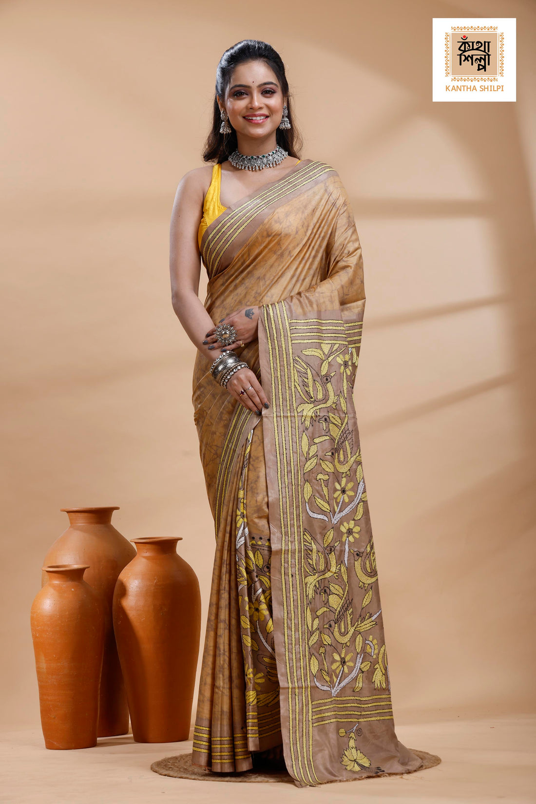 Beige Color Bangalore Silk Yellow Color Thread Work Batik Kantha Stitch Saree