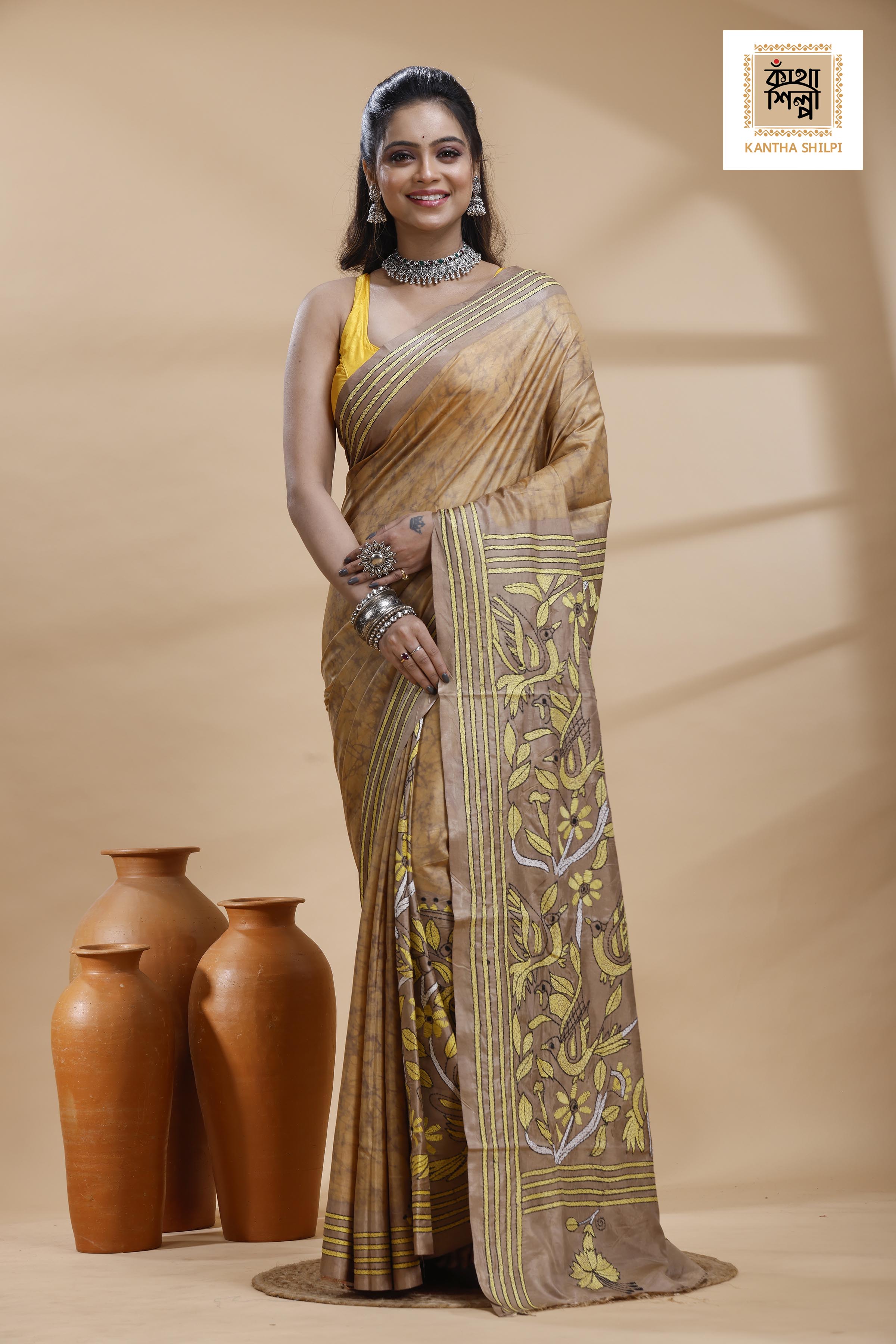 Beige Color Bangalore Silk Yellow Color Thread Work Batik Kantha Stitch Saree