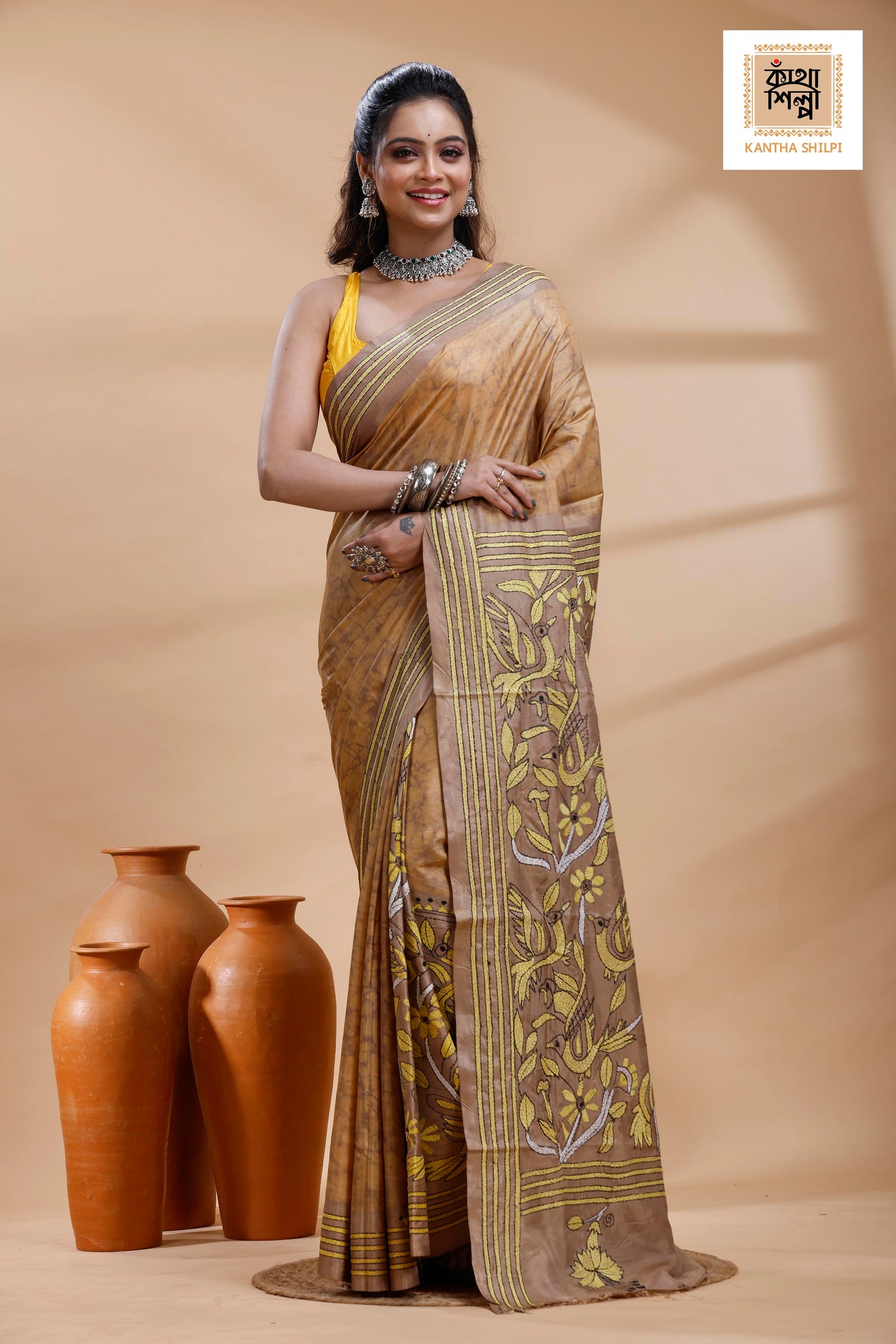 Beige Color Bangalore Silk Yellow Color Thread Work Batik Kantha Stitch Saree