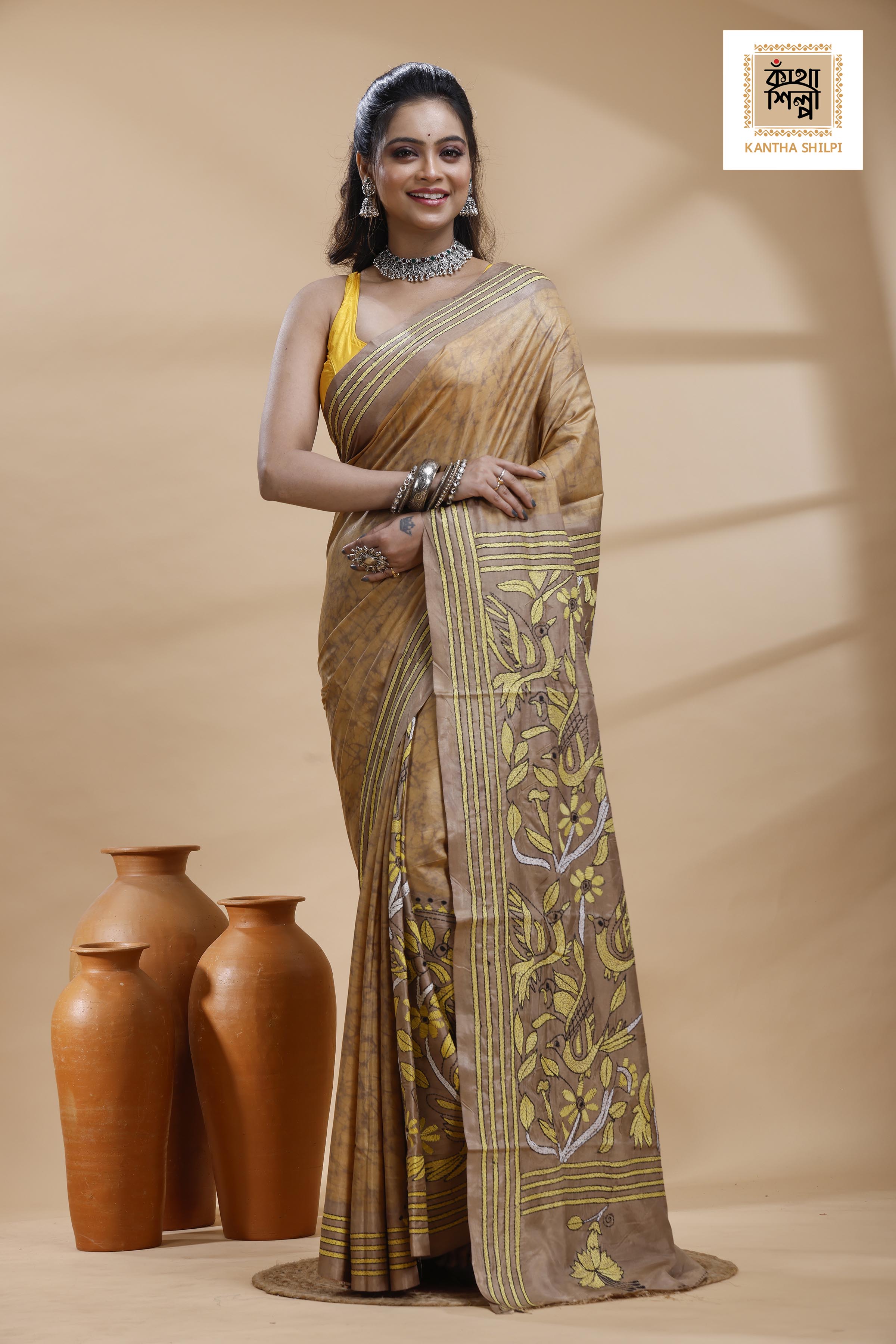 Beige Color Bangalore Silk Yellow Color Thread Work Batik Kantha Stitch Saree