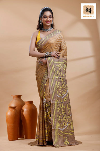 Beige Color Bangalore Silk Yellow Color Thread Work Batik Kantha Stitch Saree