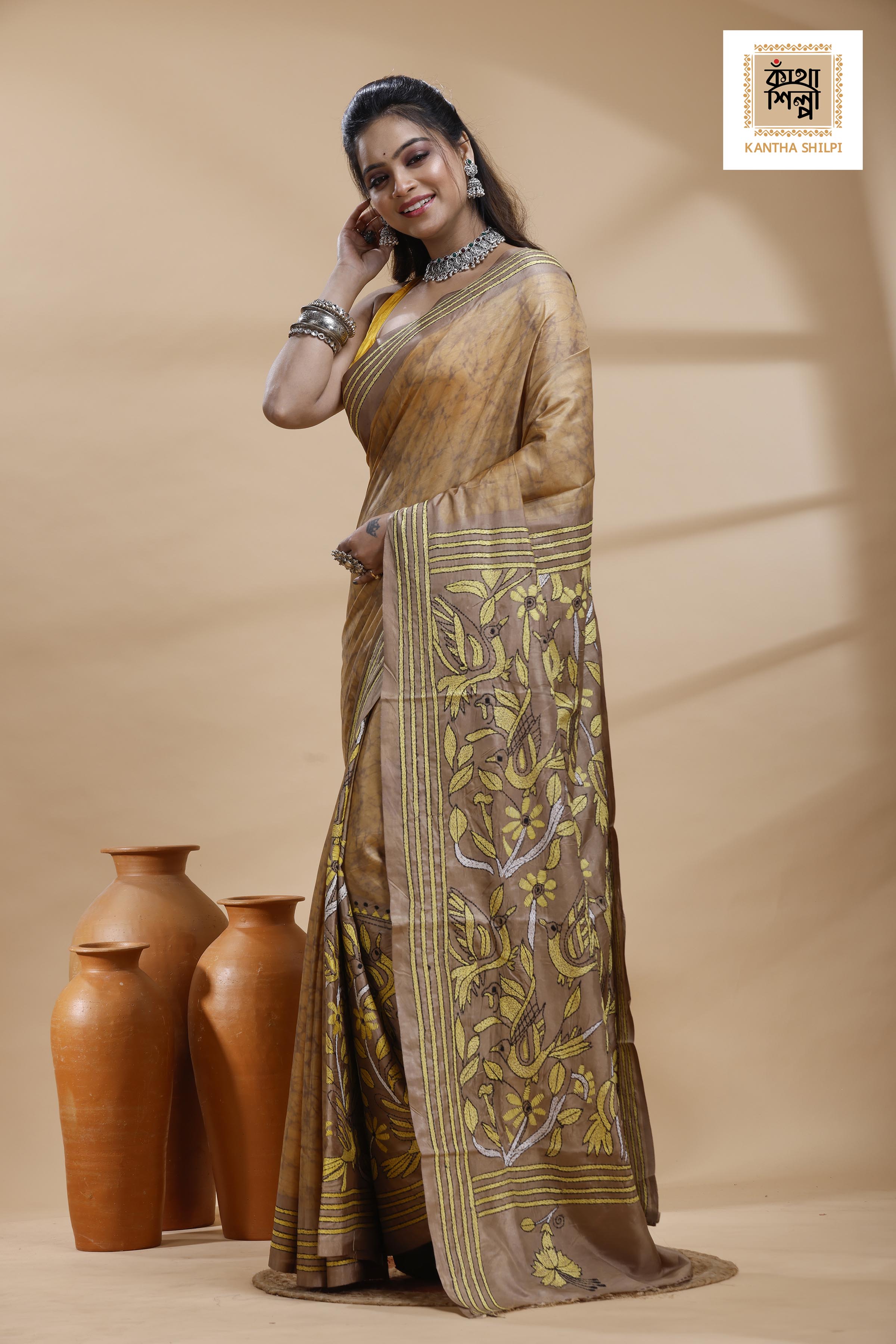 Beige Color Bangalore Silk Yellow Color Thread Work Batik Kantha Stitch Saree