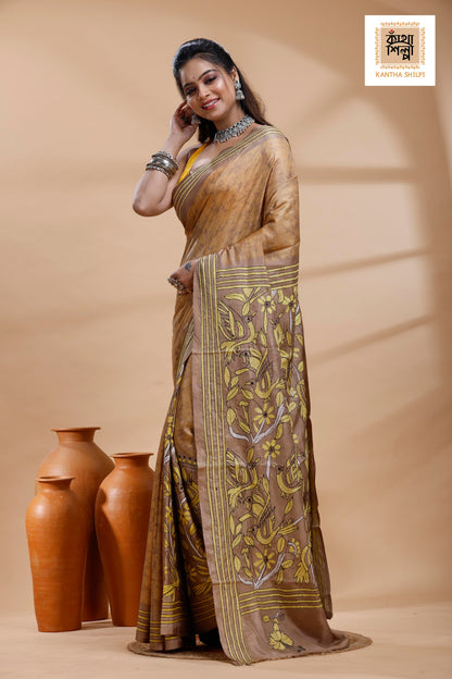 Beige Color Bangalore Silk Yellow Color Thread Work Batik Kantha Stitch Saree