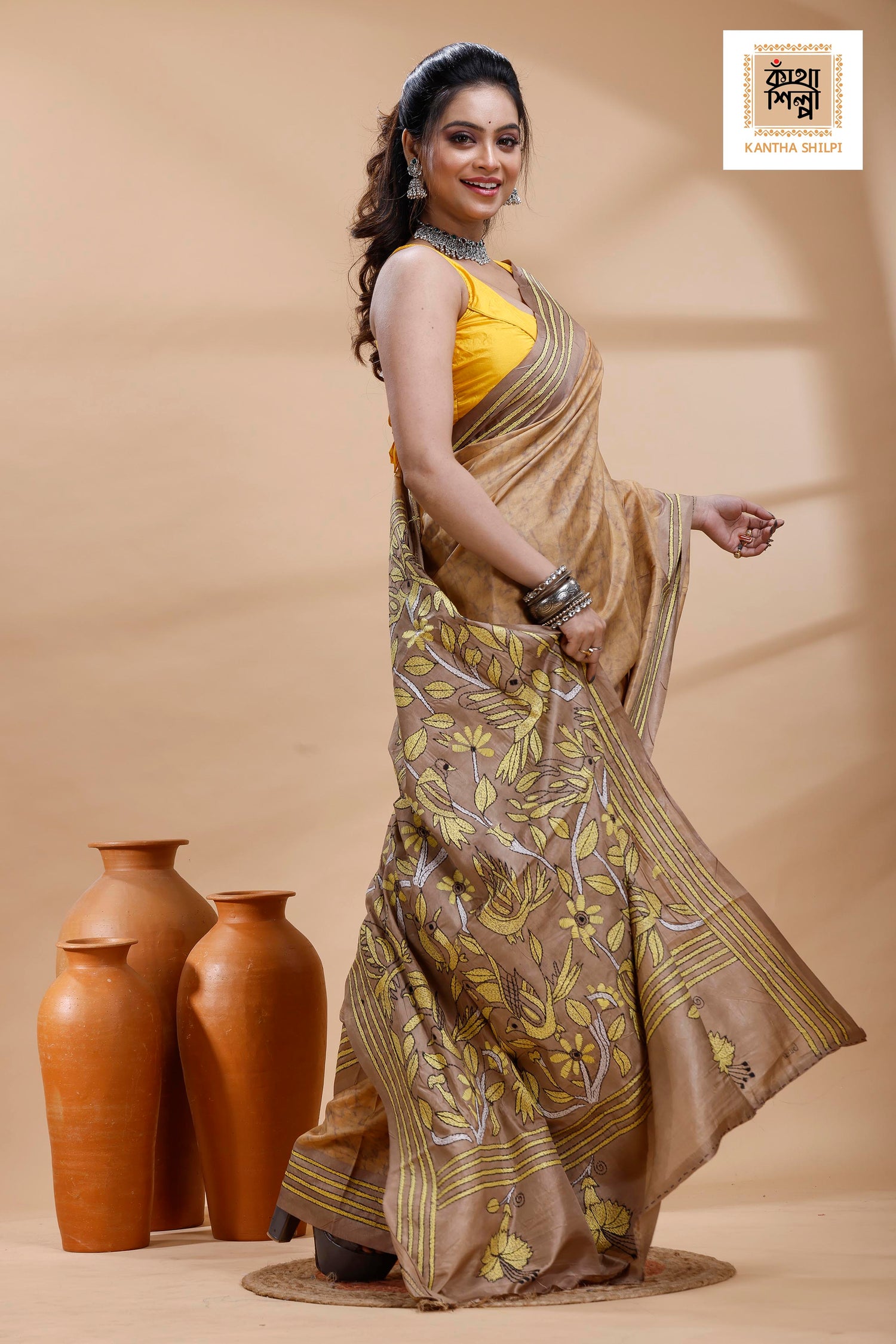 Beige Color Bangalore Silk Yellow Color Thread Work Batik Kantha Stitch Saree