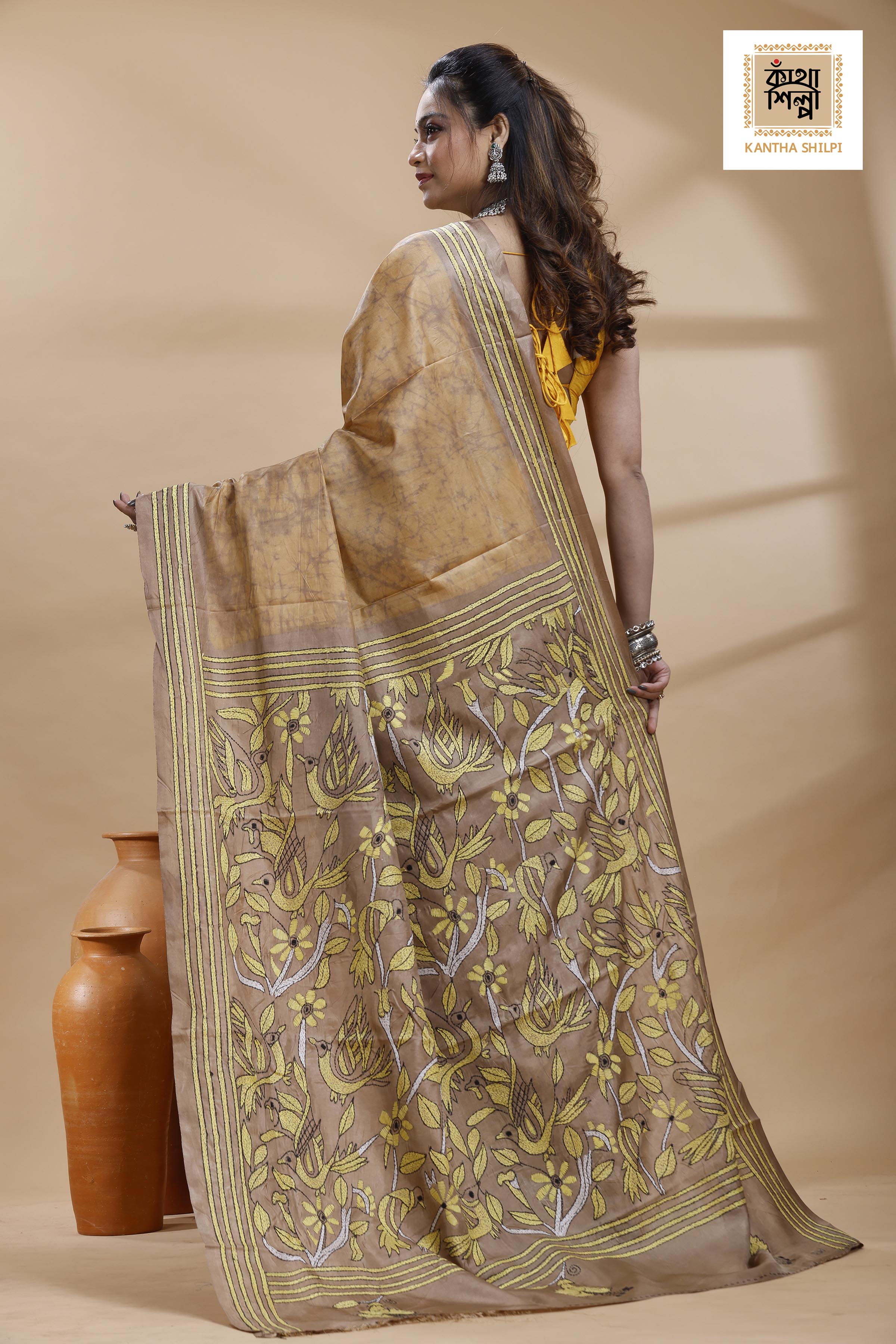 Beige Color Bangalore Silk Yellow Color Thread Work Batik Kantha Stitch Saree