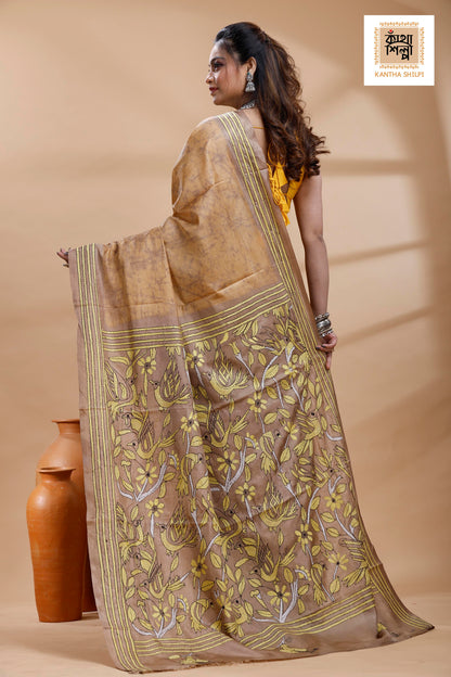 Beige Color Bangalore Silk Yellow Color Thread Work Batik Kantha Stitch Saree