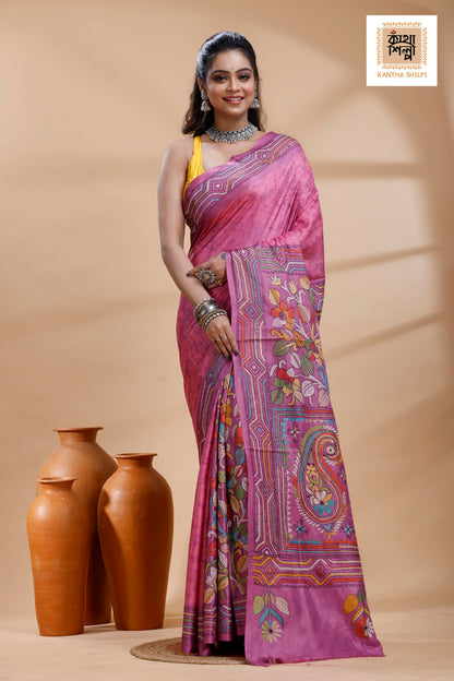 Light Plum Color Bangalore Silk Multicolor Thread Work Batik Kantha Stitch Saree