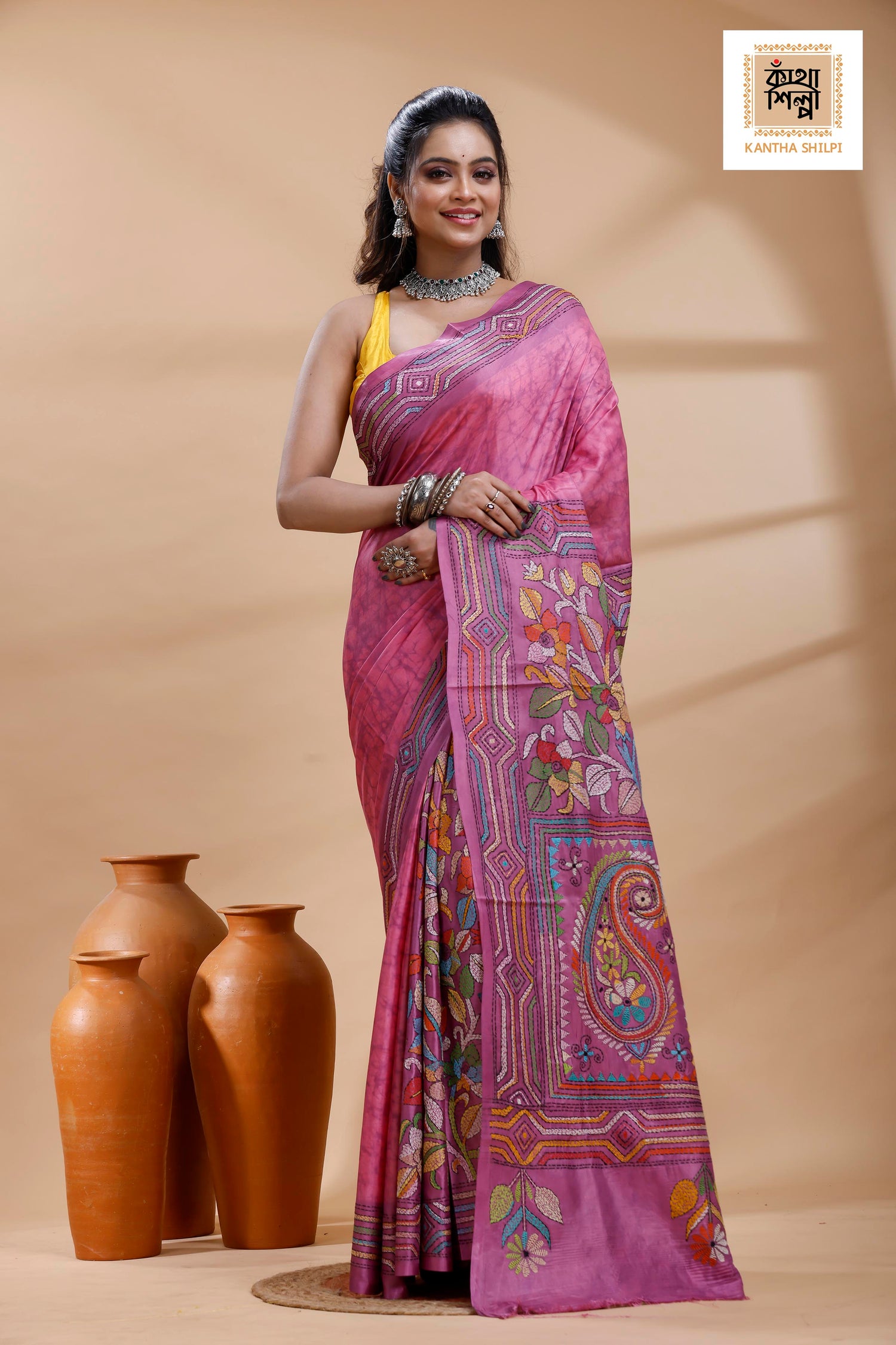 Light Plum Color Bangalore Silk Multicolor Thread Work Batik Kantha Stitch Saree