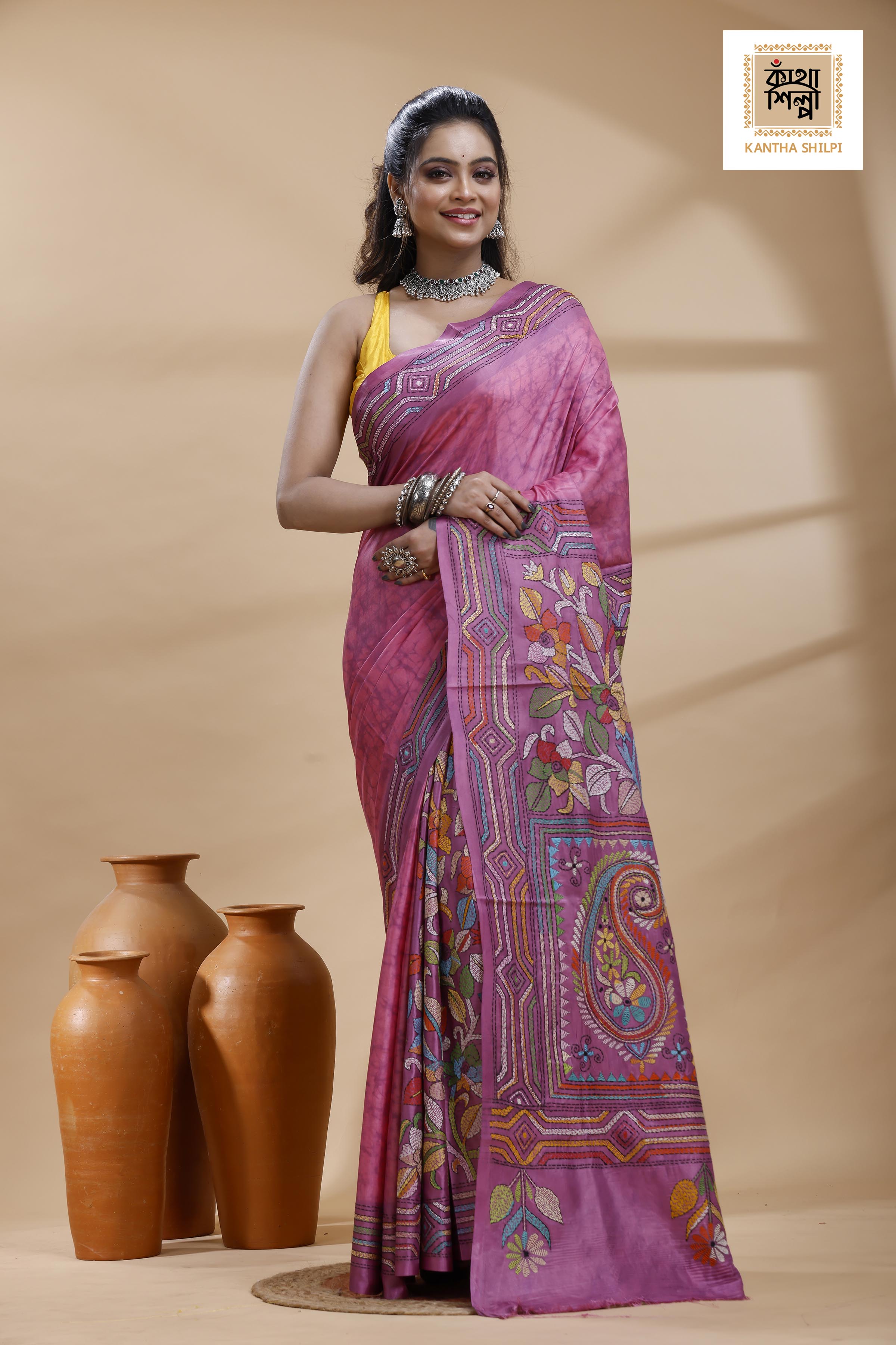 Light Plum Color Bangalore Silk Multicolor Thread Work Batik Kantha Stitch Saree