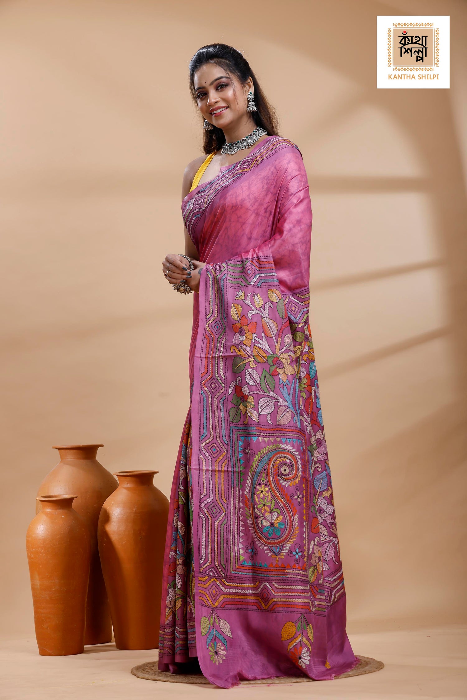 Light Plum Color Bangalore Silk Multicolor Thread Work Batik Kantha Stitch Saree