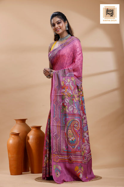 Light Plum Color Bangalore Silk Multicolor Thread Work Batik Kantha Stitch Saree