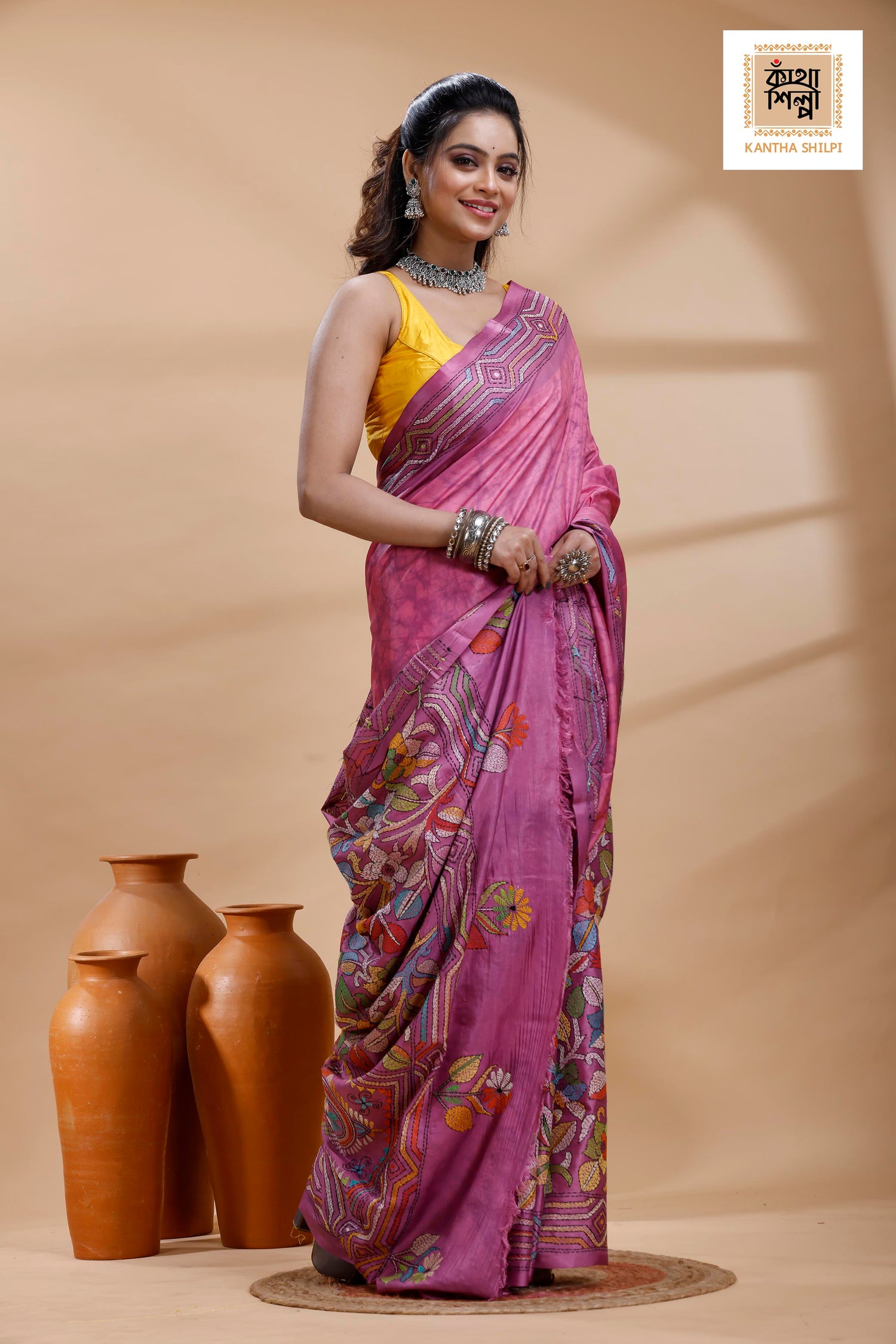 Light Plum Color Bangalore Silk Multicolor Thread Work Batik Kantha Stitch Saree