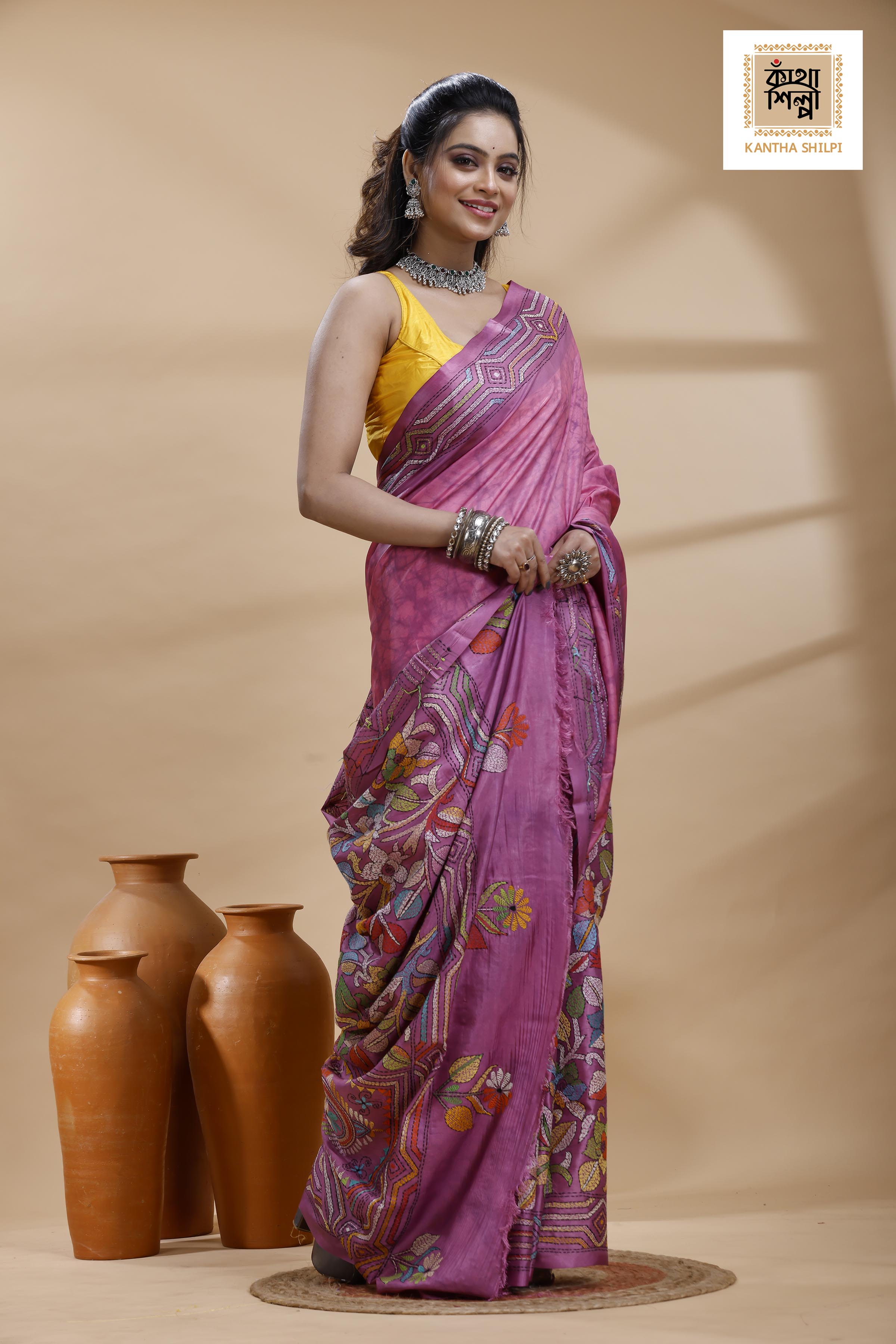 Light Plum Color Bangalore Silk Multicolor Thread Work Batik Kantha Stitch Saree