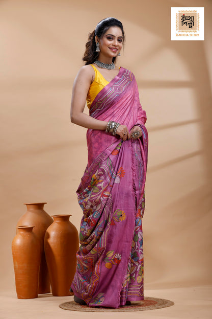 Light Plum Color Bangalore Silk Multicolor Thread Work Batik Kantha Stitch Saree