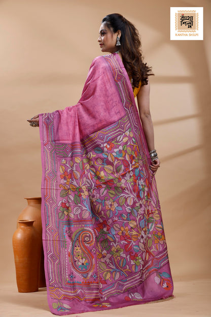 Light Plum Color Bangalore Silk Multicolor Thread Work Batik Kantha Stitch Saree