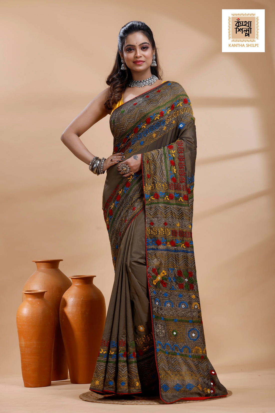 Judge Grey Color Bangalore Silk Multicolor Thread Work Lambani Stitch Saree