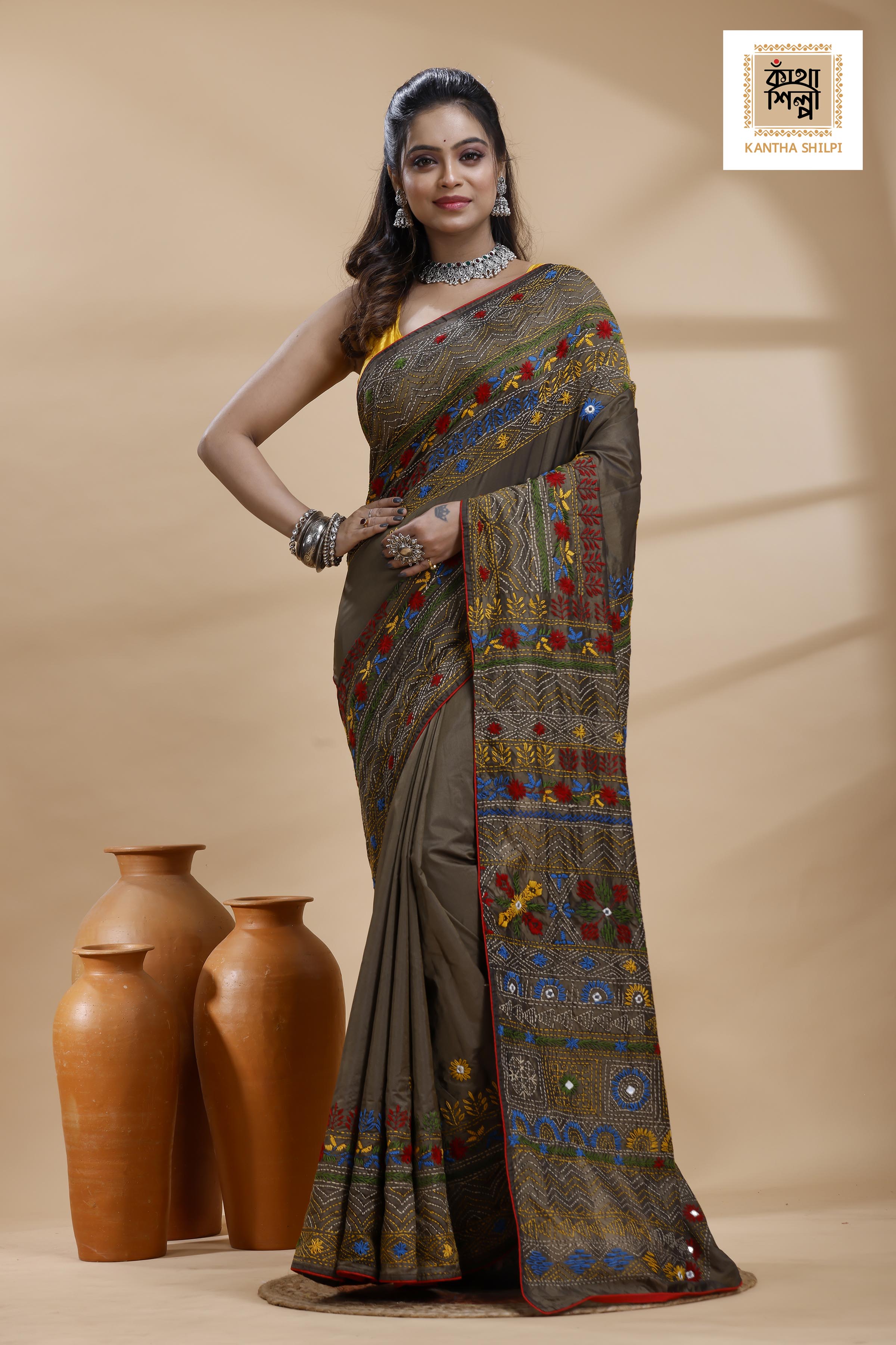Judge Grey Color Bangalore Silk Multicolor Thread Work Lambani Stitch Saree