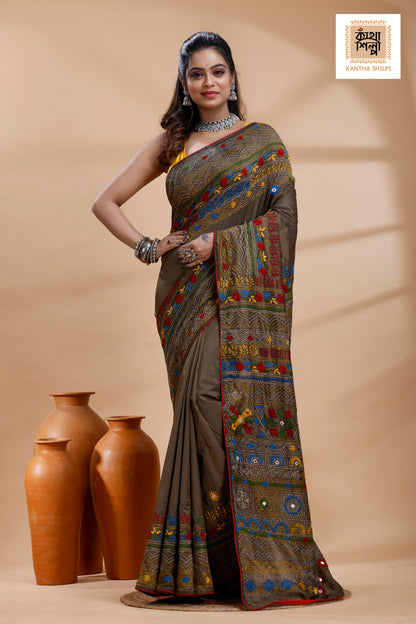 Judge Grey Color Bangalore Silk Multicolor Thread Work Lambani Stitch Saree